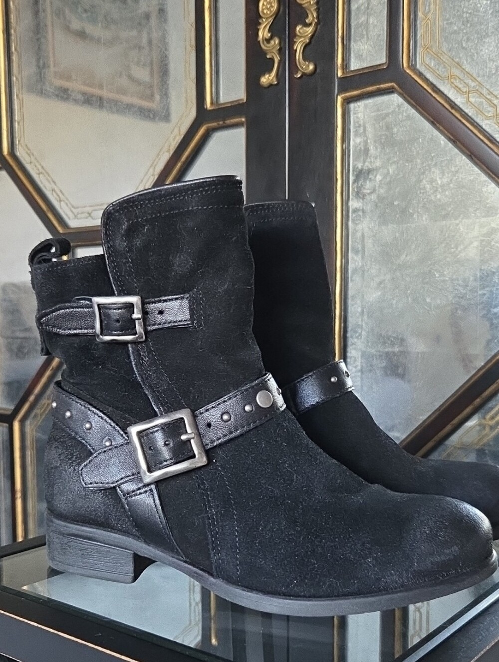 Miz Mooz "Sammie" Black Suede Buckle Ankle Boots